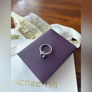 10kt White Gold Halo Ring- Diamonds and Amethyst